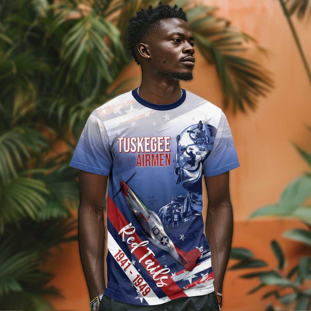 Tuskegee Airmen Red Tails T shirt Straighten Up and Fly Right - Blue White - African Pride