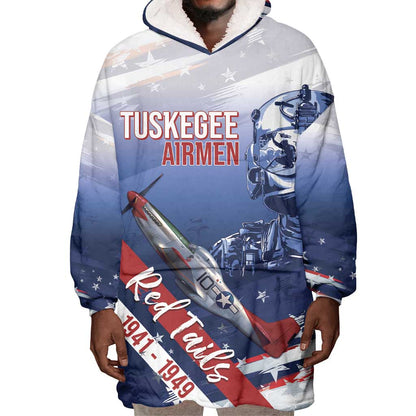 Tuskegee Airmen Red Tails Wearable Blanket Hoodie Straighten Up and Fly Right - Blue White - African Pride