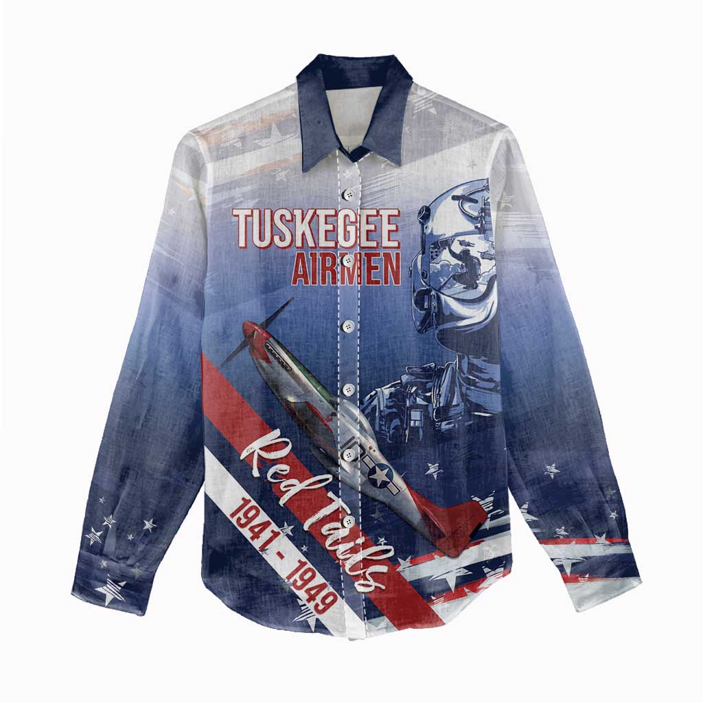 Tuskegee Airmen Red Tails Women Casual Shirt Straighten Up and Fly Right - Blue White - African Pride