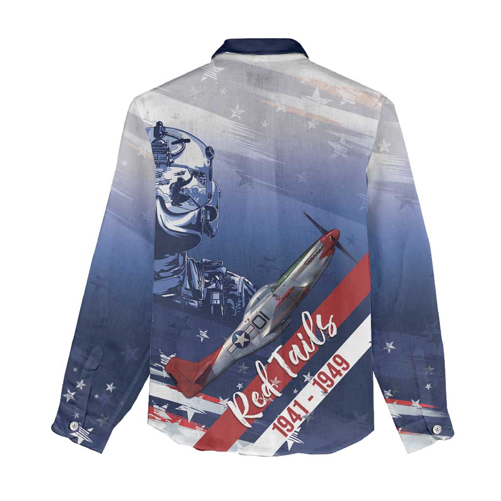 Tuskegee Airmen Red Tails Women Casual Shirt Straighten Up and Fly Right - Blue White - African Pride