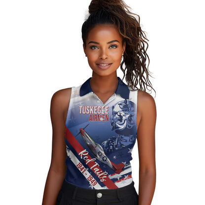 Tuskegee Airmen Red Tails Women Sleeveless Polo Shirt Straighten Up and Fly Right - Blue White - African Pride