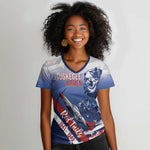 Tuskegee Airmen Red Tails Women V-Neck T-Shirt Straighten Up and Fly Right - Blue White - African Pride
