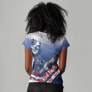 Tuskegee Airmen Red Tails Women V-Neck T-Shirt Straighten Up and Fly Right - Blue White - African Pride