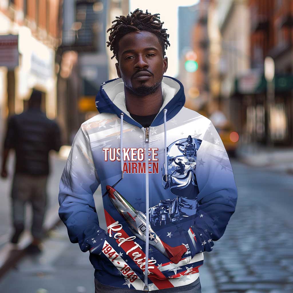 Tuskegee Airmen Red Tails Zip Hoodie Straighten Up and Fly Right - Blue White - African Pride