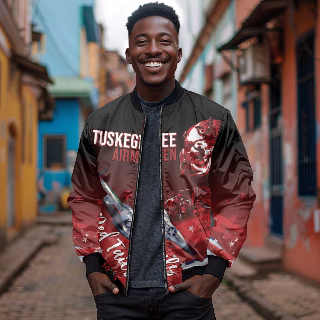Tuskegee Airmen Red Tails Bomber Jacket Straighten Up and Fly Right - Black Red - African Pride