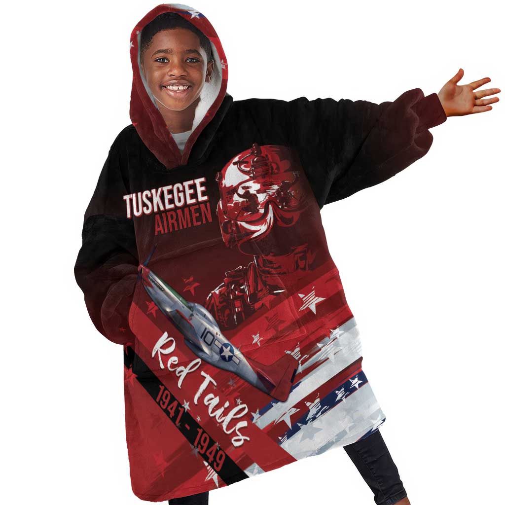 Tuskegee Airmen Red Tails Kid Wearable Blanket Hoodie Straighten Up and Fly Right - Black Red - African Pride
