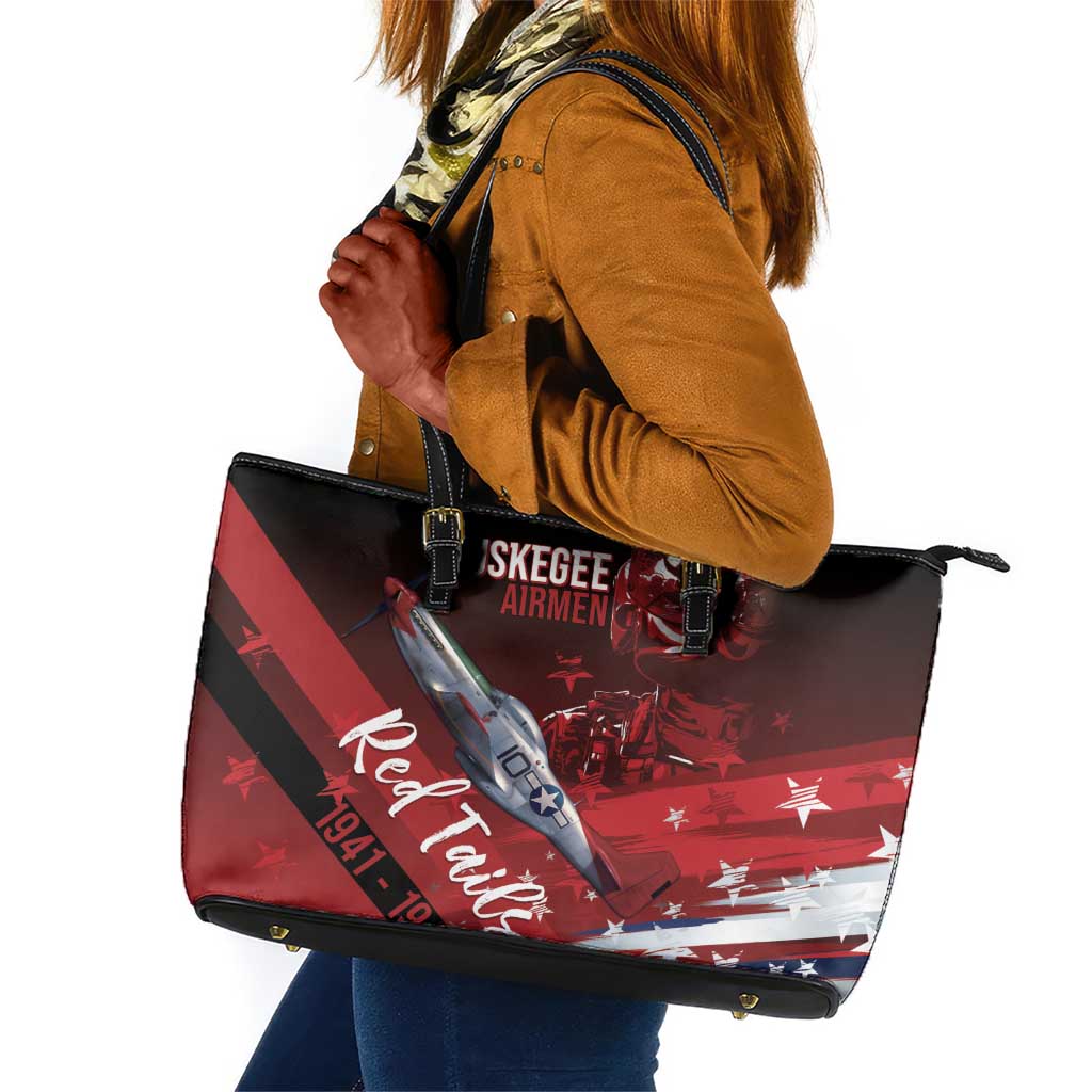 Tuskegee Airmen Red Tails Leather Tote Bag Straighten Up and Fly Right - Black Red - African Pride