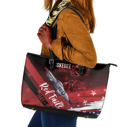 Tuskegee Airmen Red Tails Leather Tote Bag Straighten Up and Fly Right - Black Red - African Pride