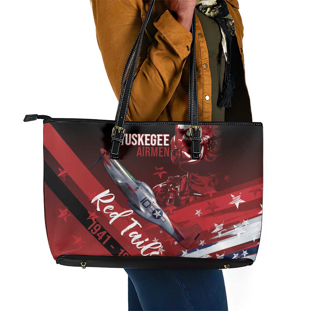 Tuskegee Airmen Red Tails Leather Tote Bag Straighten Up and Fly Right - Black Red - African Pride