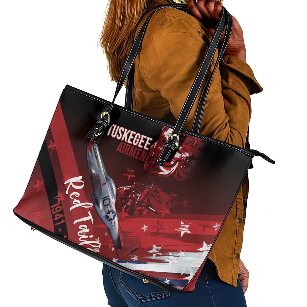 Tuskegee Airmen Red Tails Leather Tote Bag Straighten Up and Fly Right - Black Red - African Pride