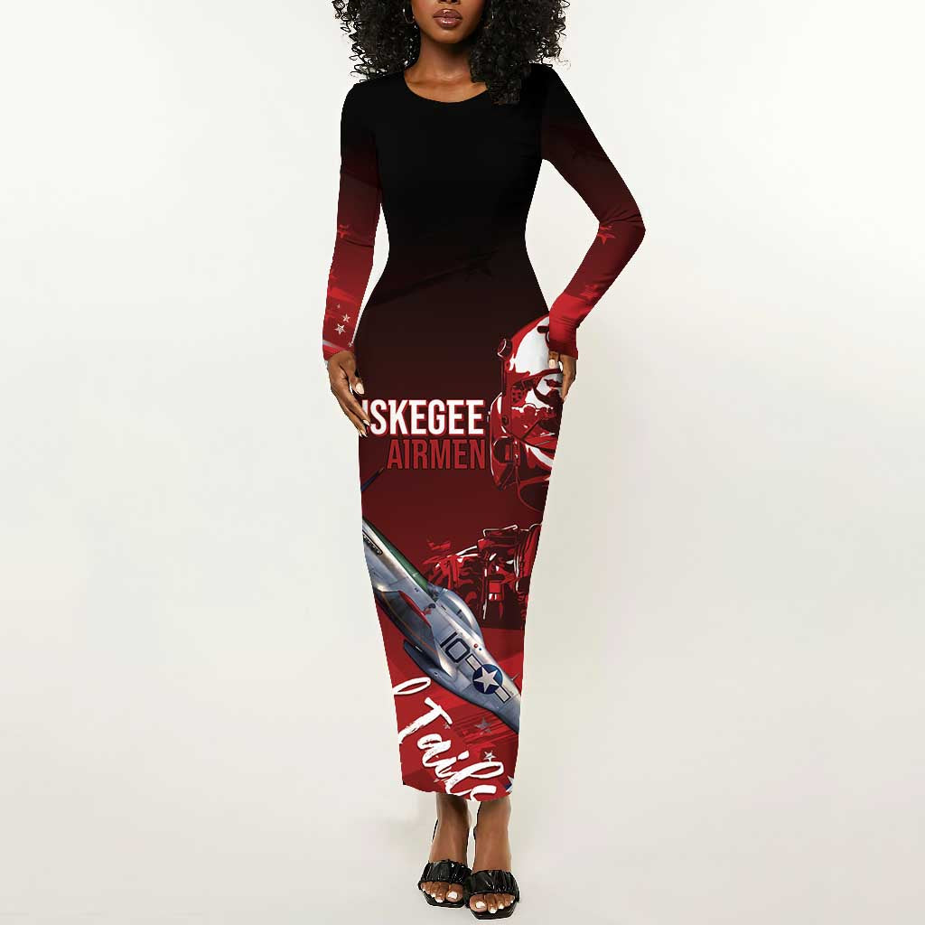 Tuskegee Airmen Red Tails Long Sleeve Bodycon Dress Straighten Up and Fly Right - Black Red - African Pride