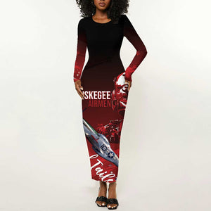 Tuskegee Airmen Red Tails Long Sleeve Bodycon Dress Straighten Up and Fly Right - Black Red - African Pride