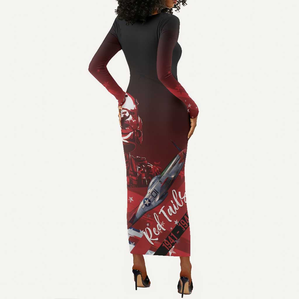 Tuskegee Airmen Red Tails Long Sleeve Bodycon Dress Straighten Up and Fly Right - Black Red - African Pride