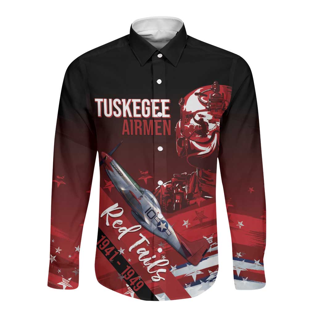 Tuskegee Airmen Red Tails Long Sleeve Button Shirt Straighten Up and Fly Right - Black Red - African Pride