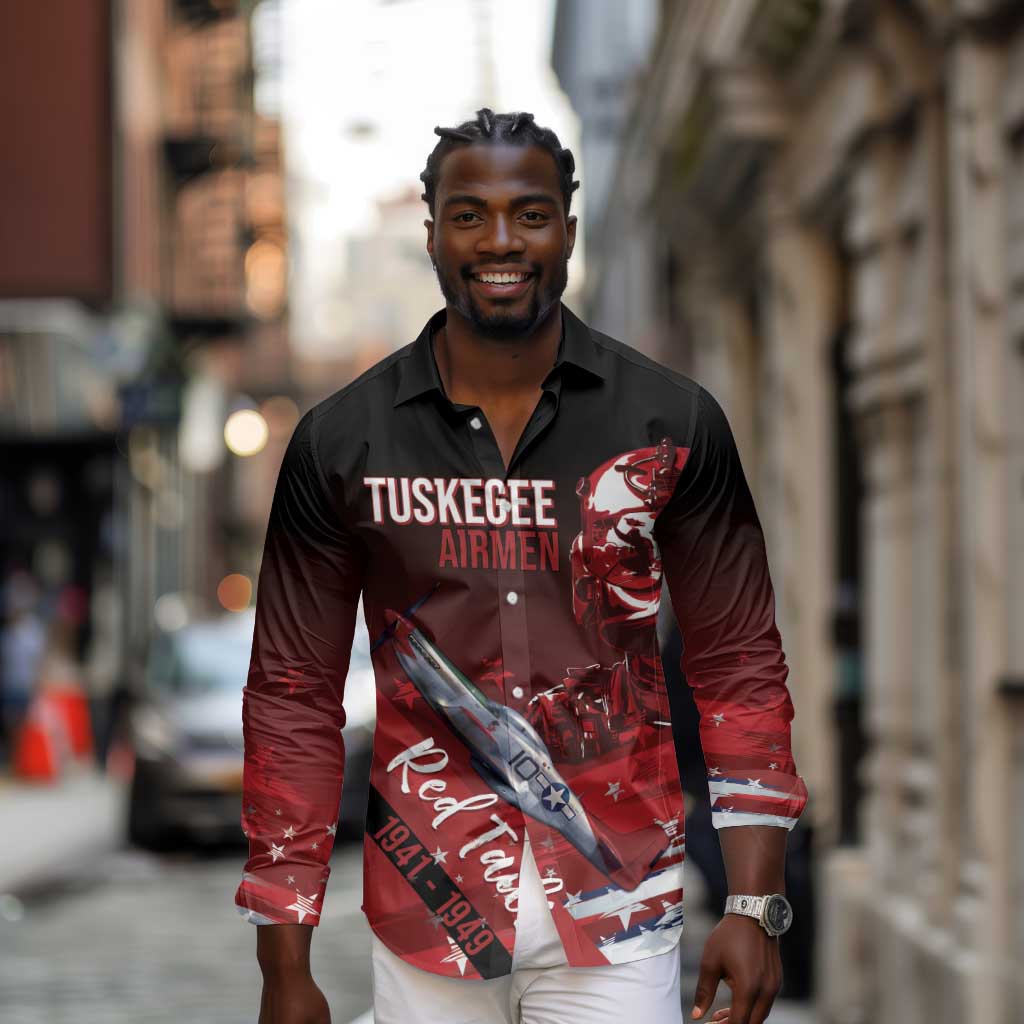Tuskegee Airmen Red Tails Long Sleeve Button Shirt Straighten Up and Fly Right - Black Red - African Pride