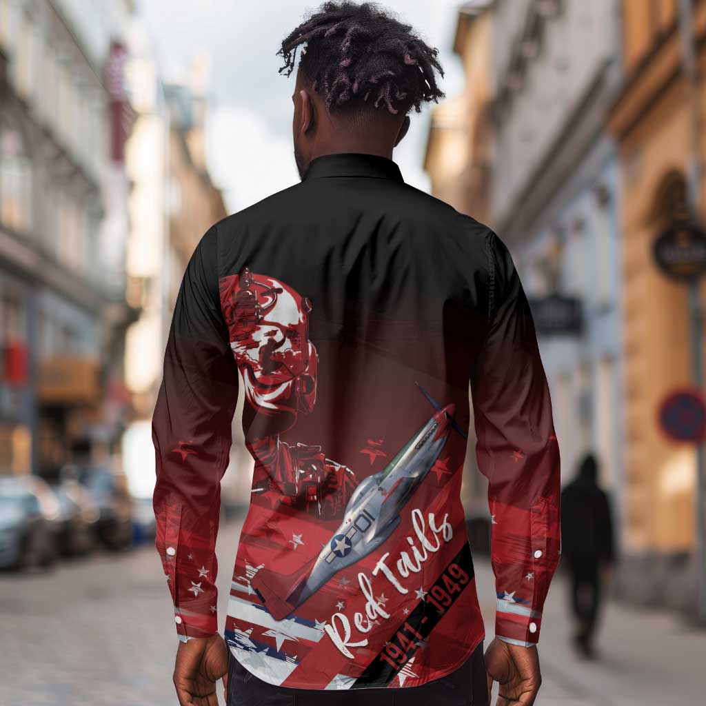 Tuskegee Airmen Red Tails Long Sleeve Button Shirt Straighten Up and Fly Right - Black Red - African Pride