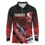 Tuskegee Airmen Red Tails Long Sleeve Polo Shirt Straighten Up and Fly Right - Black Red - African Pride