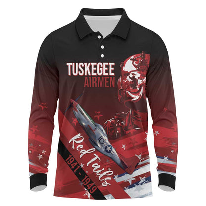 Tuskegee Airmen Red Tails Long Sleeve Polo Shirt Straighten Up and Fly Right - Black Red - African Pride