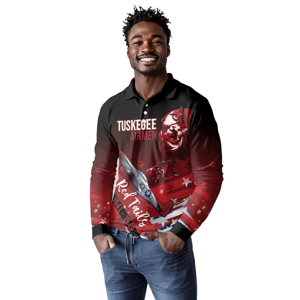 Tuskegee Airmen Red Tails Long Sleeve Polo Shirt Straighten Up and Fly Right - Black Red - African Pride