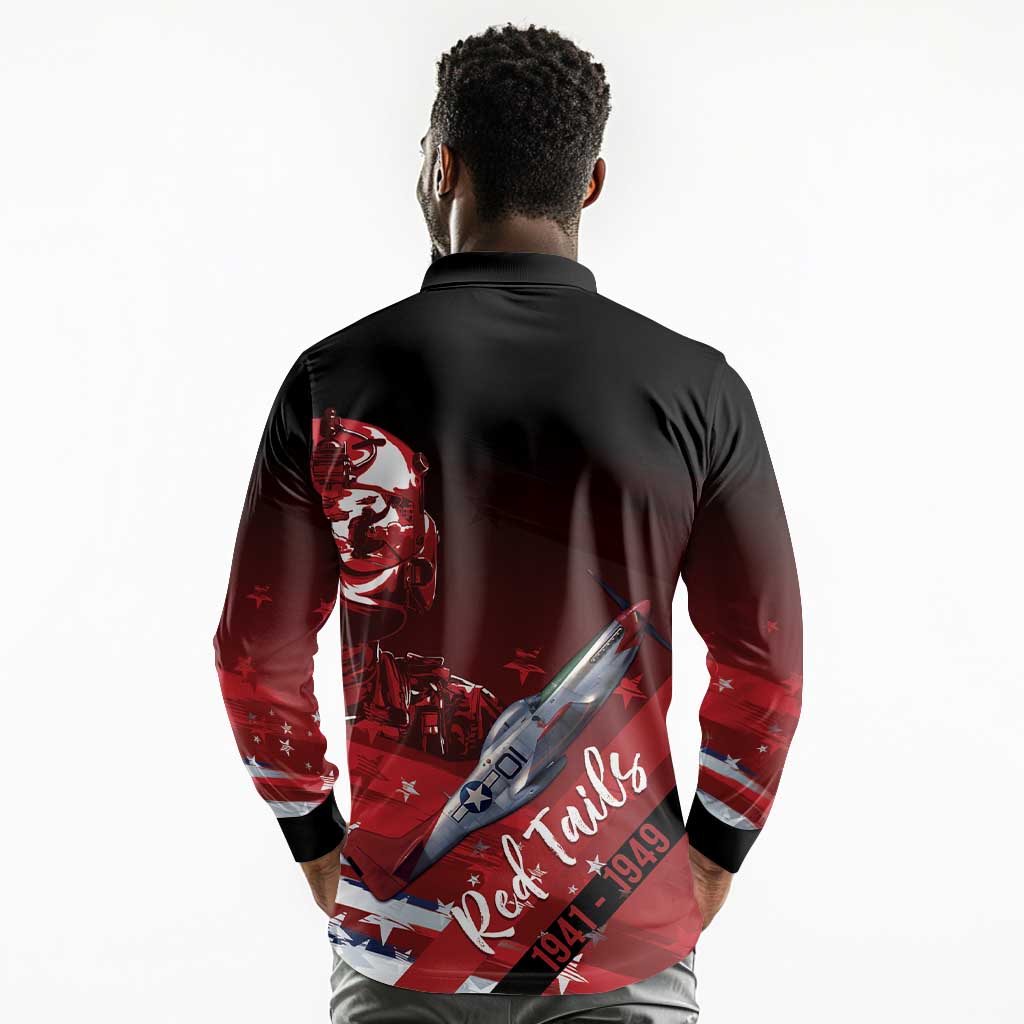 Tuskegee Airmen Red Tails Long Sleeve Polo Shirt Straighten Up and Fly Right - Black Red - African Pride