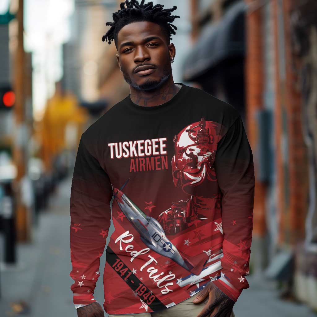 Tuskegee Airmen Red Tails Long Sleeve Shirt Straighten Up and Fly Right - Black Red - African Pride
