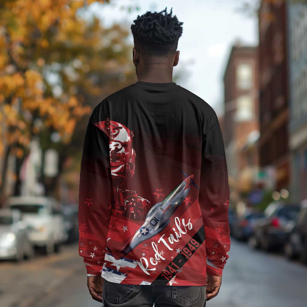 Tuskegee Airmen Red Tails Long Sleeve Shirt Straighten Up and Fly Right - Black Red - African Pride
