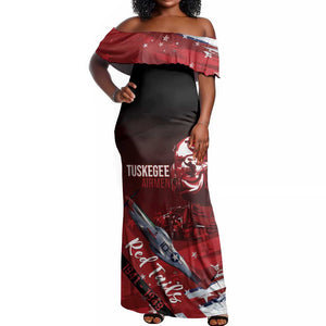 Tuskegee Airmen Red Tails Off Shoulder Maxi Dress Straighten Up and Fly Right - Black Red - African Pride