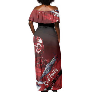 Tuskegee Airmen Red Tails Off Shoulder Maxi Dress Straighten Up and Fly Right - Black Red - African Pride