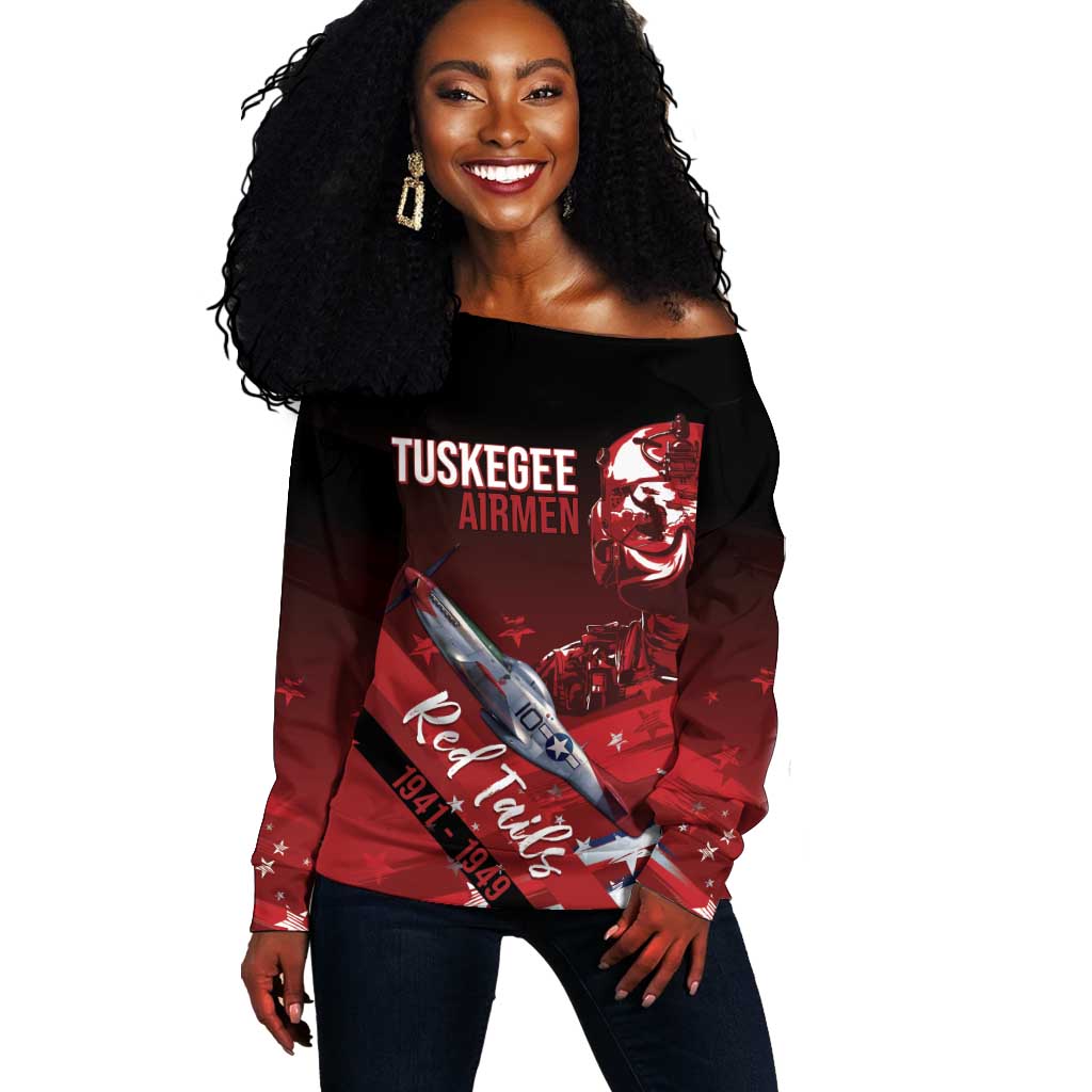 Tuskegee Airmen Red Tails Off Shoulder Sweater Straighten Up and Fly Right - Black Red - African Pride