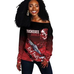 Tuskegee Airmen Red Tails Off Shoulder Sweater Straighten Up and Fly Right - Black Red - African Pride