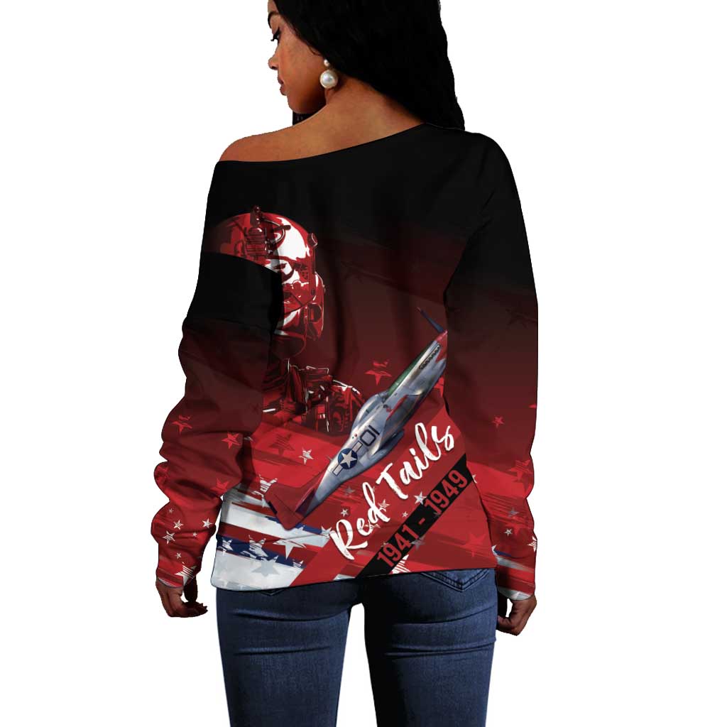 Tuskegee Airmen Red Tails Off Shoulder Sweater Straighten Up and Fly Right - Black Red - African Pride