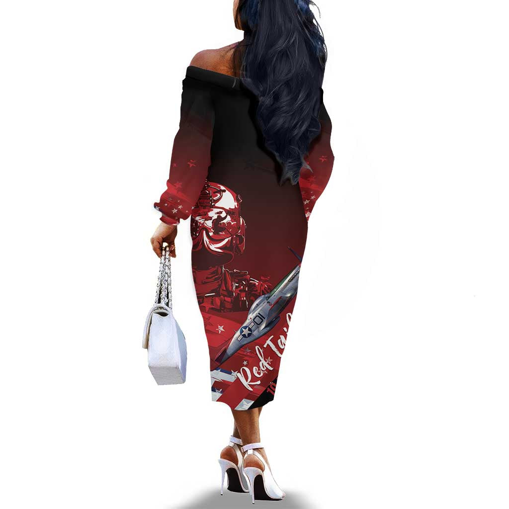 Tuskegee Airmen Red Tails Off The Shoulder Long Sleeve Dress Straighten Up and Fly Right - Black Red - African Pride