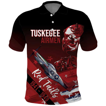 Tuskegee Airmen Red Tails Polo Shirt Straighten Up and Fly Right - Black Red - African Pride