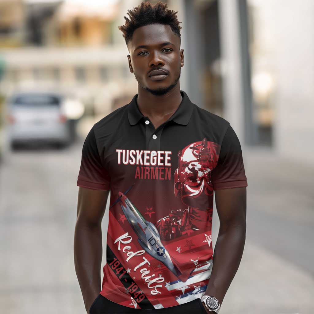 Tuskegee Airmen Red Tails Polo Shirt Straighten Up and Fly Right - Black Red - African Pride