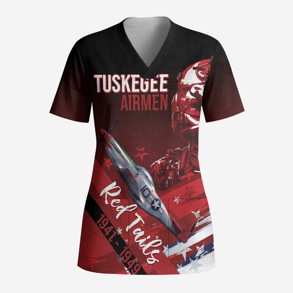 Tuskegee Airmen Red Tails Scrub Top Straighten Up and Fly Right - Black Red - African Pride