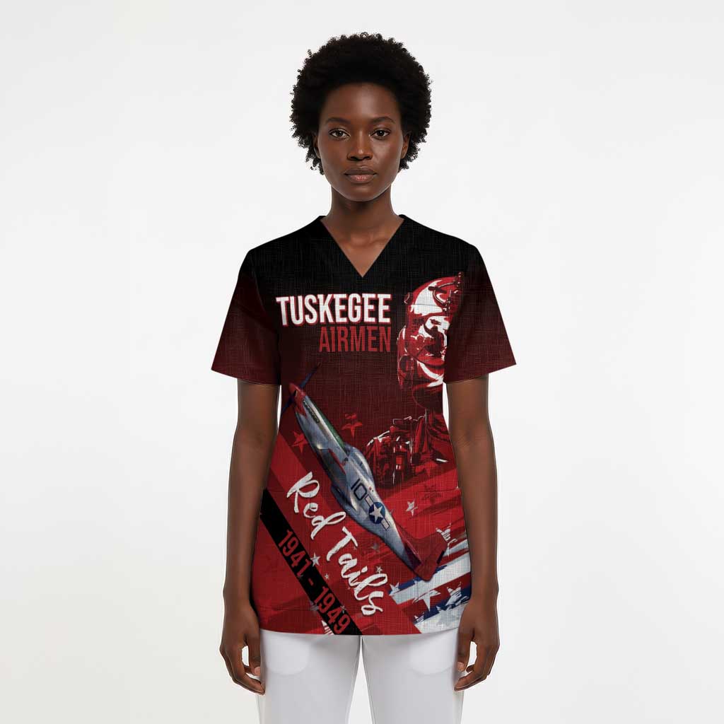 Tuskegee Airmen Red Tails Scrub Top Straighten Up and Fly Right - Black Red - African Pride
