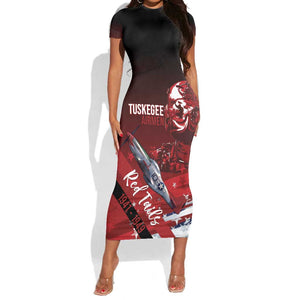 Tuskegee Airmen Red Tails Short Sleeve Bodycon Dress Straighten Up and Fly Right - Black Red - African Pride