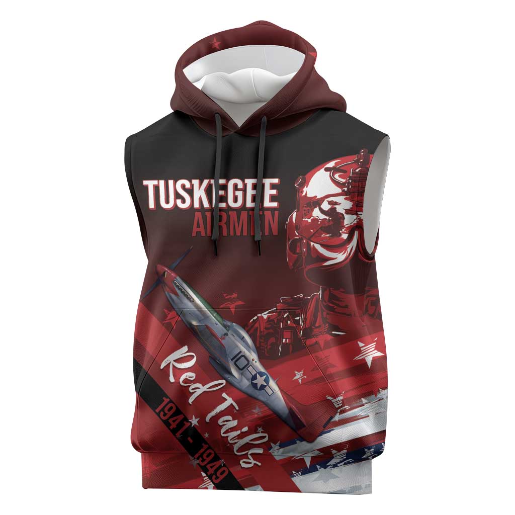 Tuskegee Airmen Red Tails Sleeveless Hoodie Straighten Up and Fly Right - Black Red - African Pride