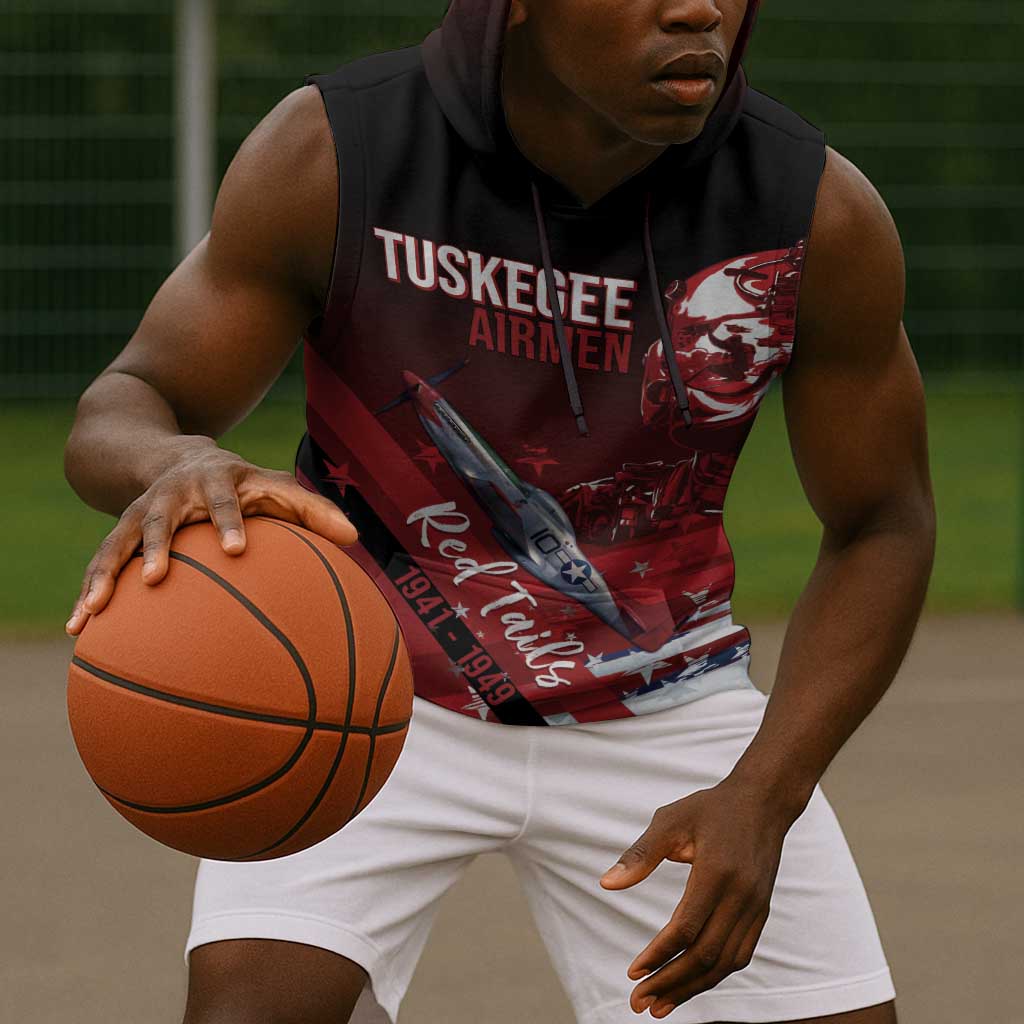 Tuskegee Airmen Red Tails Sleeveless Hoodie Straighten Up and Fly Right - Black Red - African Pride