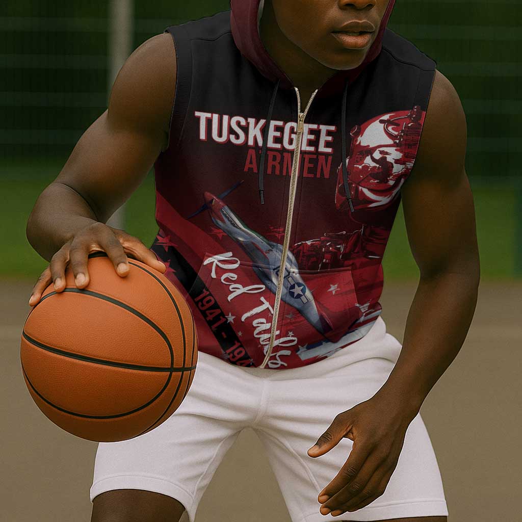 Tuskegee Airmen Red Tails Sleeveless Zip Hoodie Straighten Up and Fly Right - Black Red - African Pride