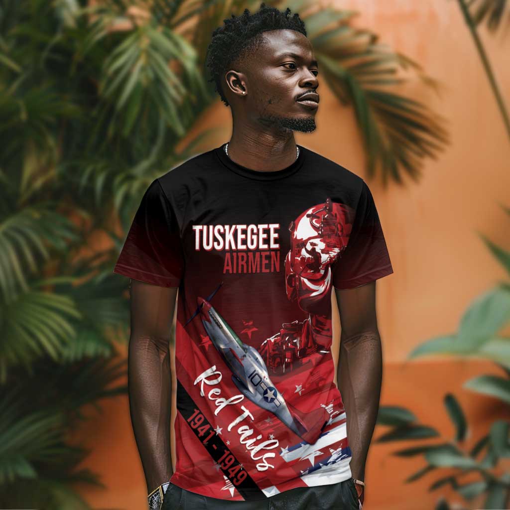 Tuskegee Airmen Red Tails T shirt Straighten Up and Fly Right - Black Red - African Pride