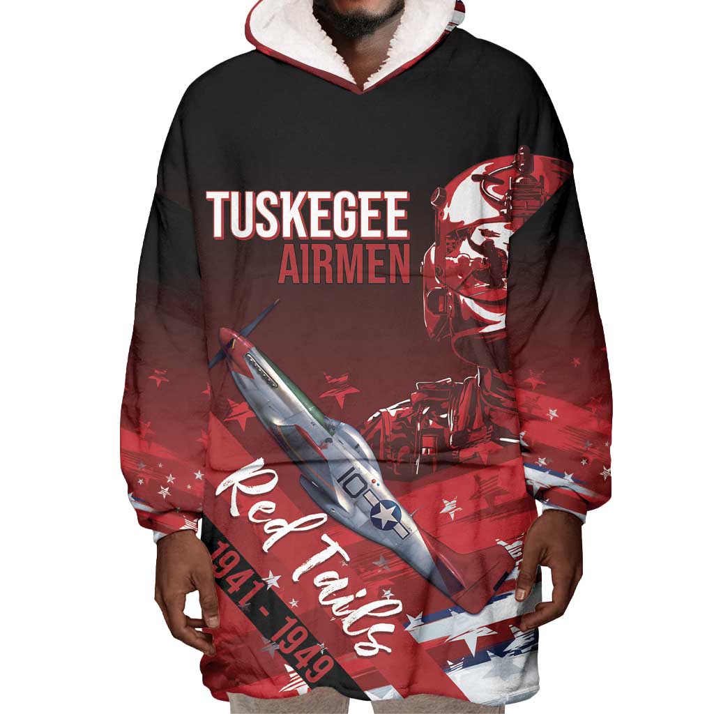 Tuskegee Airmen Red Tails Wearable Blanket Hoodie Straighten Up and Fly Right - Black Red - African Pride