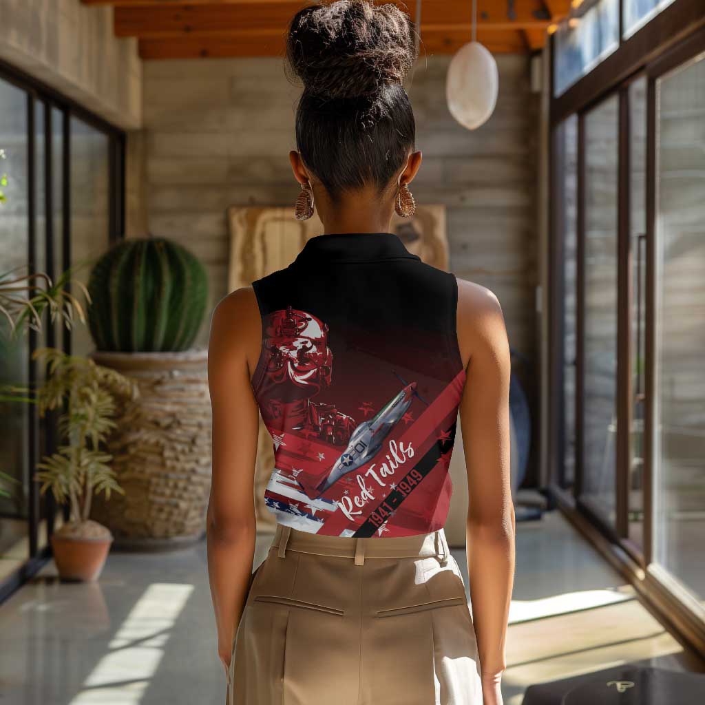 Tuskegee Airmen Red Tails Women Sleeveless Polo Shirt Straighten Up and Fly Right - Black Red - African Pride