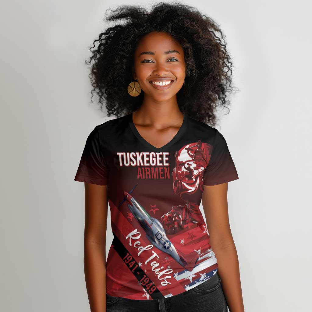 Tuskegee Airmen Red Tails Women V-Neck T-Shirt Straighten Up and Fly Right - Black Red - African Pride
