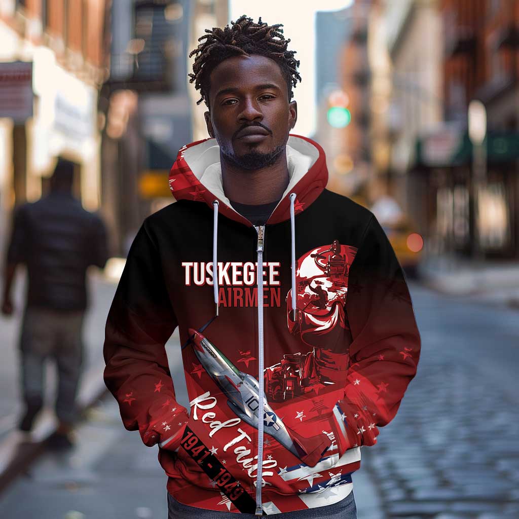 Tuskegee Airmen Red Tails Zip Hoodie Straighten Up and Fly Right - Black Red - African Pride