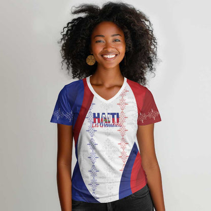Les Grenadiers Afro-Haiti Personalized Women V-Neck T-Shirt Voodoo Veve Papa Legba - African Pride
