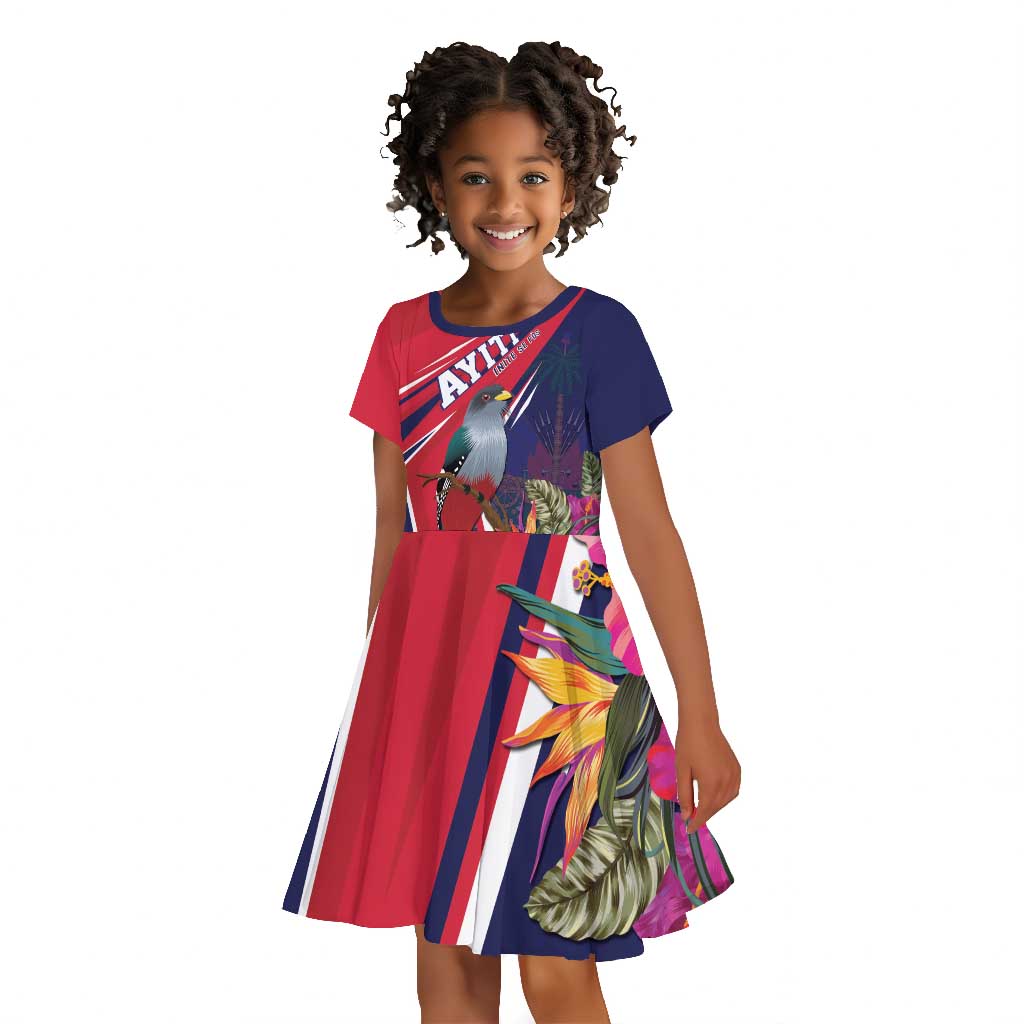 Haiti Personalized Kid Short Sleeve Dress Hispaniolan Trogon Tropical Vibes