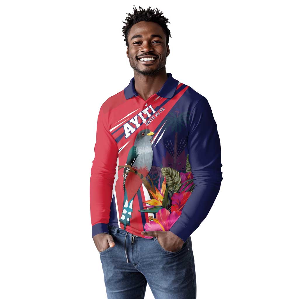Haiti Personalized Long Sleeve Polo Shirt Hispaniolan Trogon Tropical Vibes
