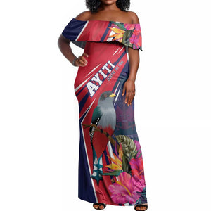 Haiti Personalized Off Shoulder Maxi Dress Hispaniolan Trogon Tropical Vibes