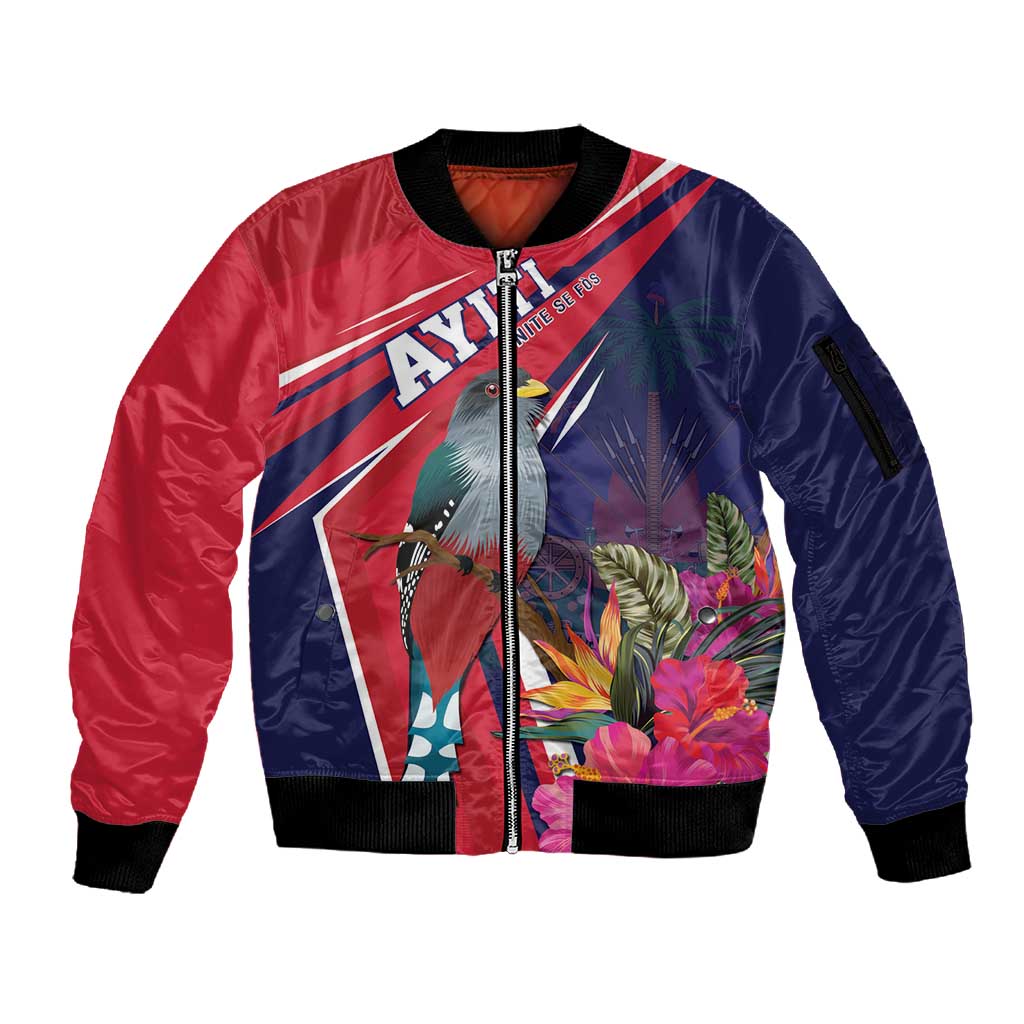 Haiti Personalized Sleeve Zip Bomber Jacket Hispaniolan Trogon Tropical Vibes